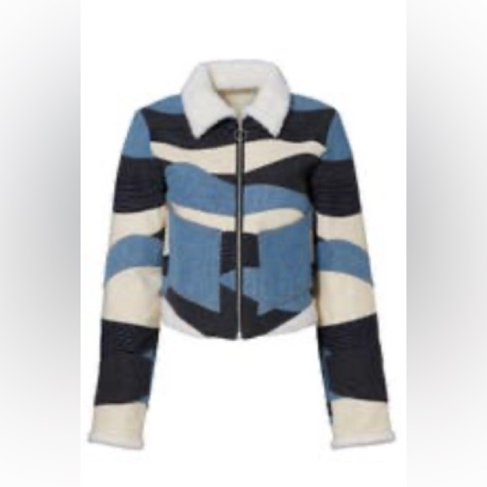 Opening Ceremony Blue and Cream Patchwork Bomber Jacket
